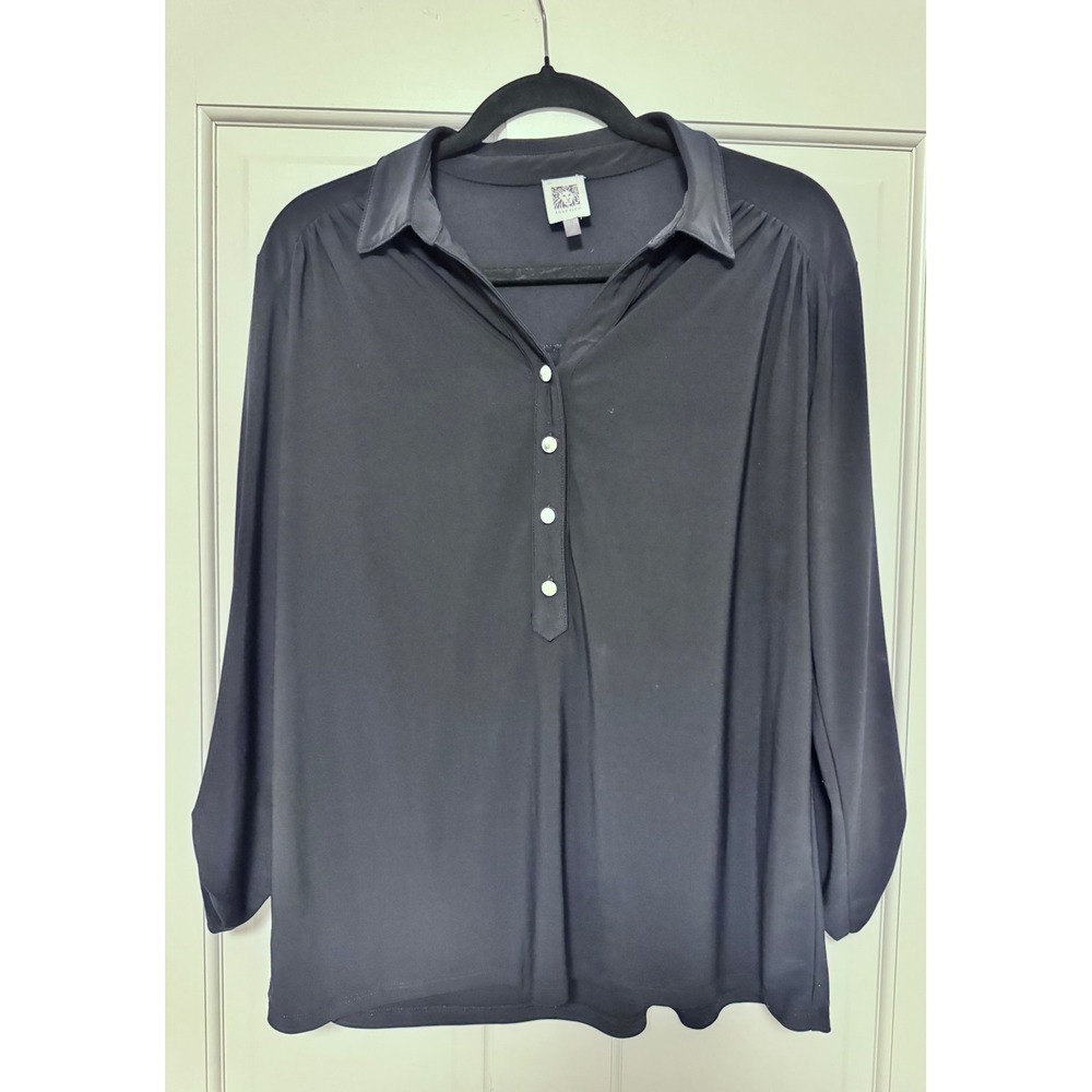 Anne Klein Navy Blue Roll Tab Sleeve Henley Blouse Gold Buttons Med minimalist
